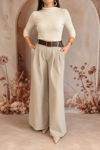 Spodnie damskie wide leg w szarym beżu z paskiem - Celebracja Butik